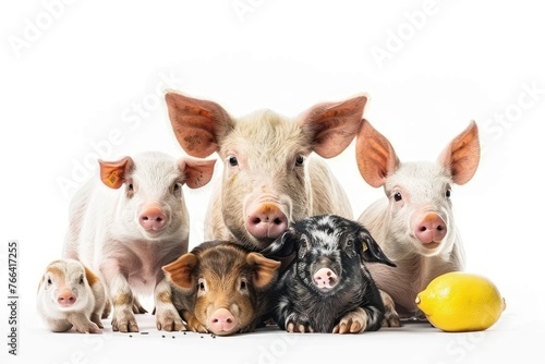 Variety of farm animals in front of white background