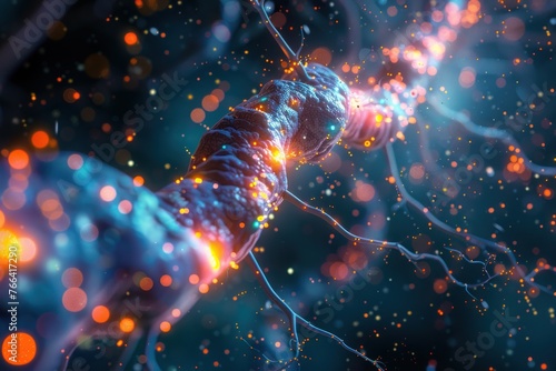 Vivid depiction of neuronal synaptic transmission with a glowing neural network photo