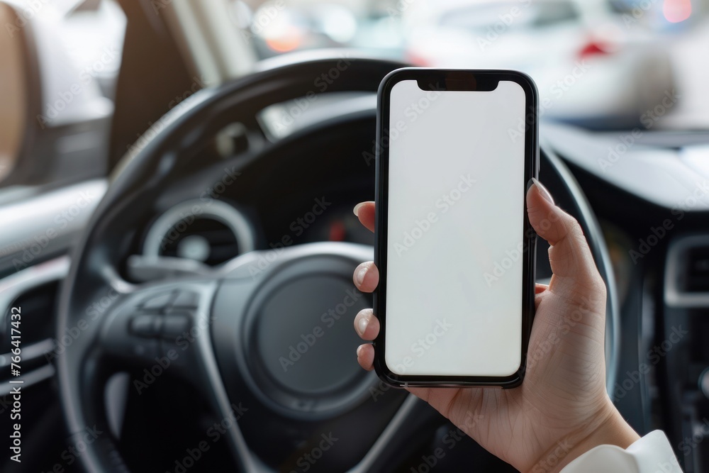 person Driver holding phone white screen on steering wheel background
