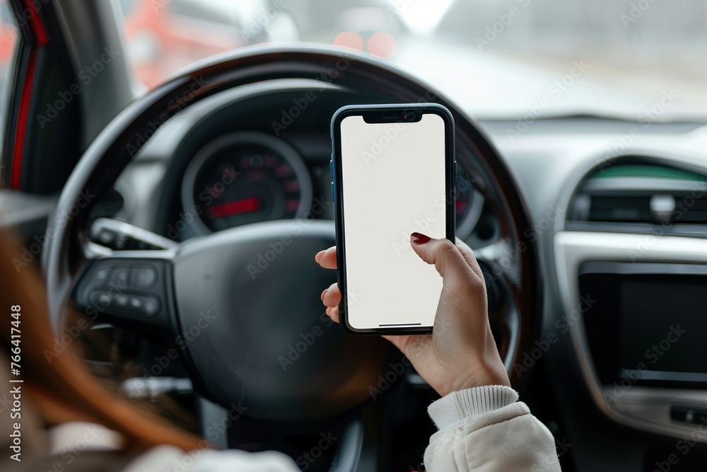 person Driver holding phone white screen on steering wheel background person Driver holding phone white screen on steering wheel background