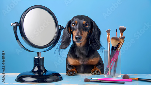 A dog is sitting in front of a mirror with a makeup table behind it. The dog is looking at its reflection in the mirror