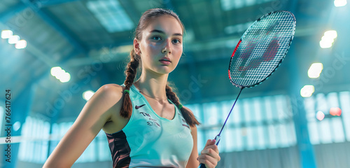 Confident young woman wearing a sport full dress looking to camera playing badminton in a competitive match