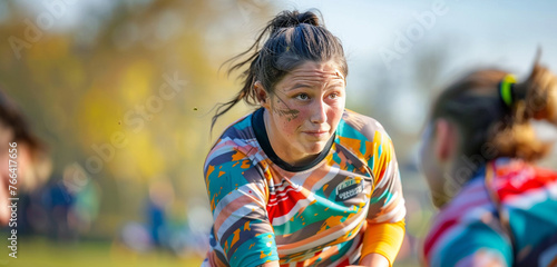 Confident young woman wearing a sport full dress looking to camera playing rugby in a competitive match