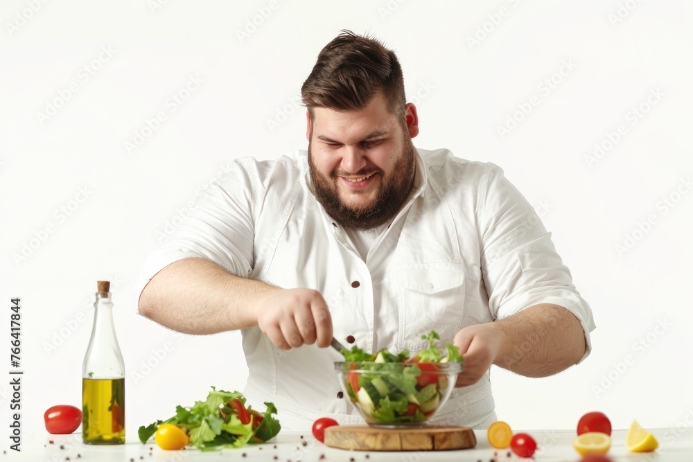 young overweight man preparing a delicious and healthy salad in the kitchen for her diet Isolated on white background young overweight man preparing a delicious and healthy salad in the kitchen for her diet Isolated on white background