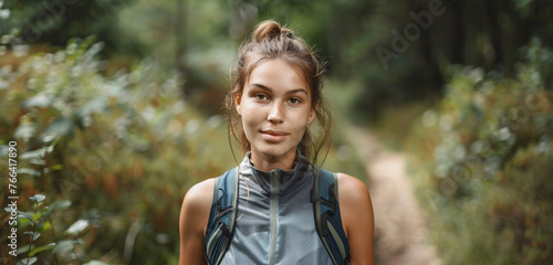 On a forest hiking trail, a self-assured young lady in a sporty clothing looks into the camera