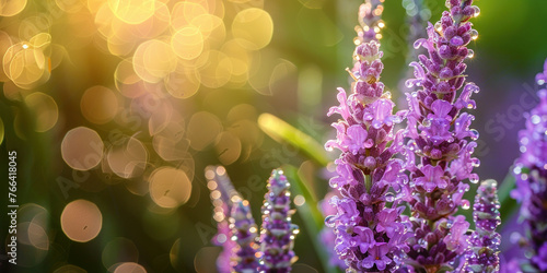 Beautiful purple flowers under the warm sunlight with blurred bokeh effect in the background