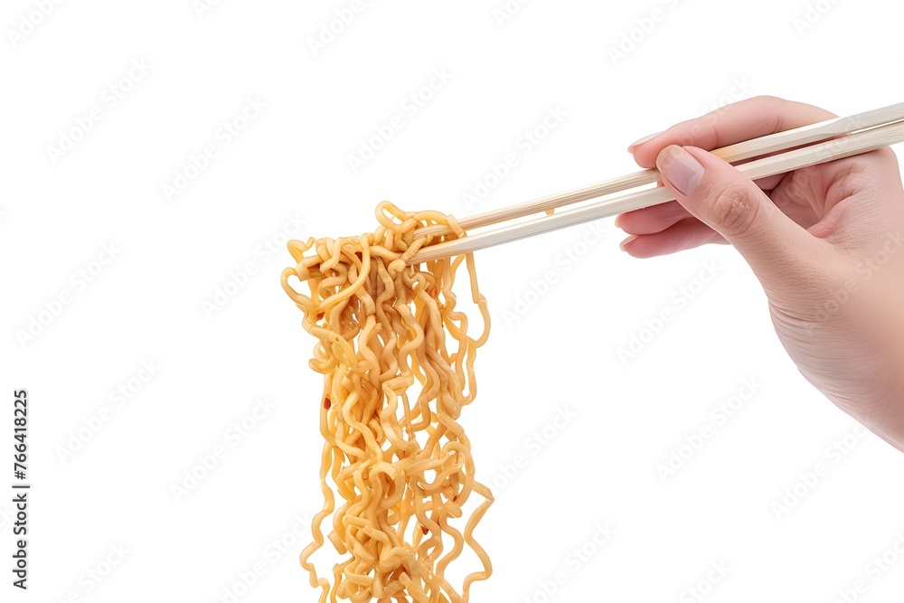 Ramen noodles isolated on white background, hand lifting noodles with chopsticks, side view of Japanese cuisine, street food