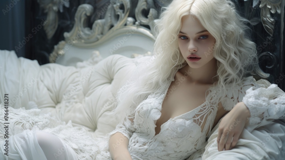 Captivating Enigmatic White Goddess in Sumptuous Boudoir Dreamscape