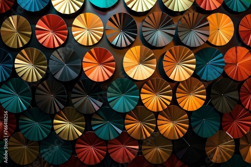 Wall covered in circular paper fans of different colors red  teal  orange  yellow  black metallic finish paper fans  arranged to create an abstract pattern