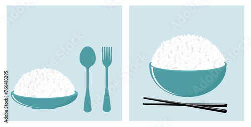 Rice dish, rice bowl, spoon, fork and chopsticks on green backgrounds vector. 