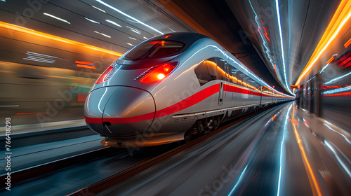 Dynamic image of a modern high-speed train speeding through a brightly lit tunnel, conveying a sense of motion and technology