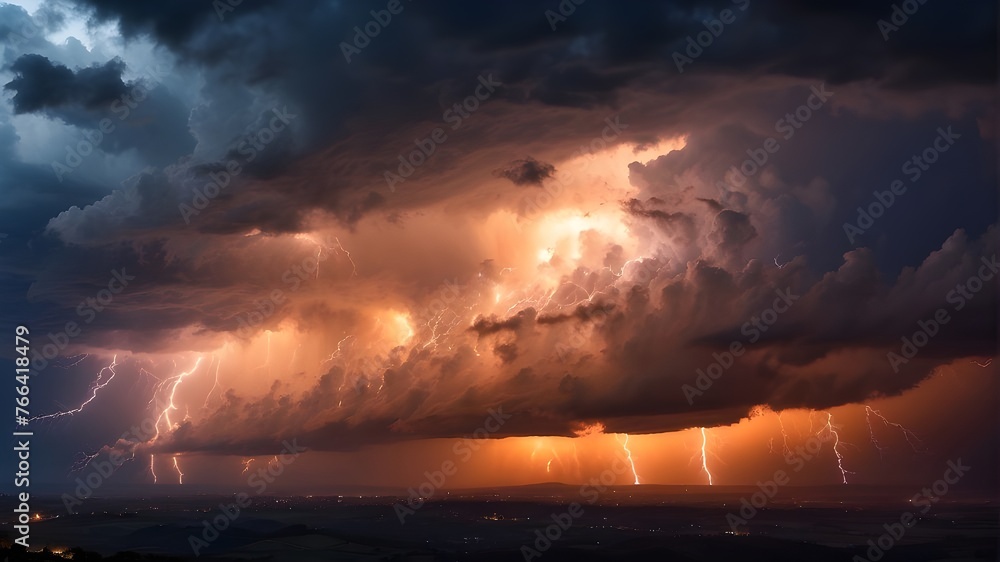 Storm warning Weather background banner with a stunning lightning storm with dark clouds in the sky and orange light