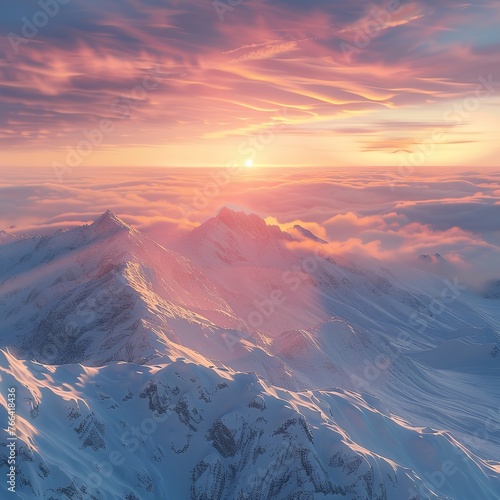 Breathtaking sunrise illuminating the winter mountain scenery, captured in high-definition detail.