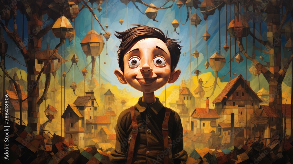 A cartoon boy is smiling in front of a bunch of houses. The houses are made of blocks and are scattered all over the scene