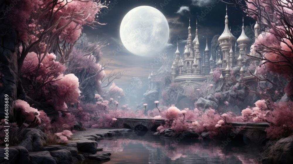 Enchanting Fairytale Castle Shrouded in Ethereal Moonlight and Blooming Cherry Blossoms
