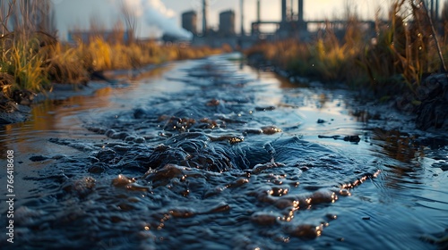 Pollution of the river with sewage. Against the background of a plant or factory photo