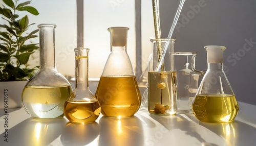 Comparative Study: Laboratory Glassware Interaction with Various Oils on a White Surface photo