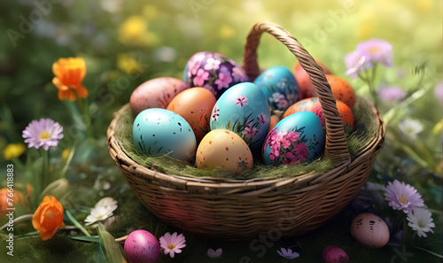 Easter eggs, in a basket made of vines, on the background of nature and flowers
