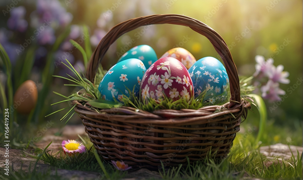 Easter eggs, in a basket made of vines, on the background of nature and flowers Easter eggs, in a basket made of vines, on the background of nature and flowers