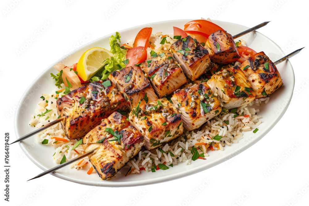 Top view of Turkish style grilled fish kebab with pieces of fish marinated in herbs and spices with rice pilaf and salad on a white dish. Top view of Turkish style grilled fish kebab with pieces of fish marinated in herbs and spices with rice pilaf and salad on a white dish.