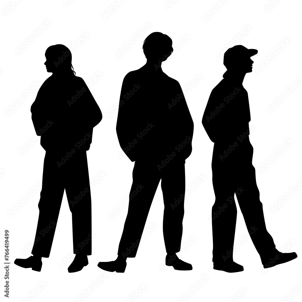 Vector silhouettes of man and a two women, a group of standing business people, profile, black color isolated on white background Vector silhouettes of man and a two women, a group of standing business people, profile, black color isolated on white background