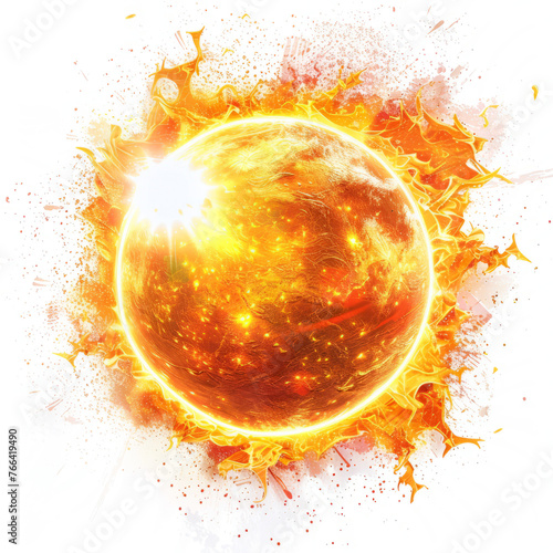 Realistic illustration of a solar flare erupting from the surface of the sun, with intense bursts of energy captured against a plain white backdrop.