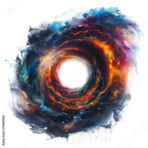 black hole surrounded by swirling gas and dust, with distorted space-time, against a white background, conveying the mysterious and awe-inspiring nature of these cosmic phenomena.