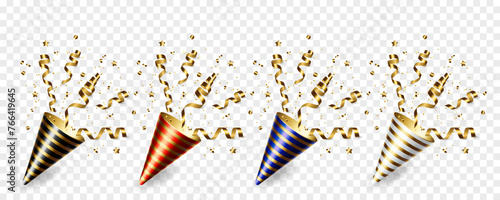 Vector exploding realistic colorful party popper with gold ribbons and confetti. Decor for invitation, greeting card, banner for anniversary or birthday.
