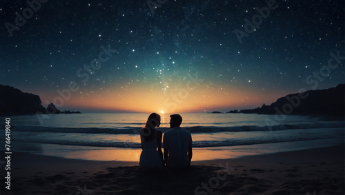 A couple in love, a guy and a girl, are sitting on the seashore at sunset under the starry sky.