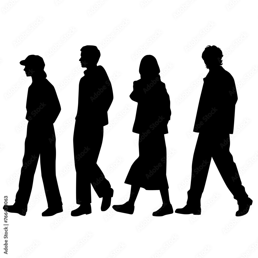 Vector silhouettes of  men and a women, a group of walking   business people, profile, black  color isolated on white background