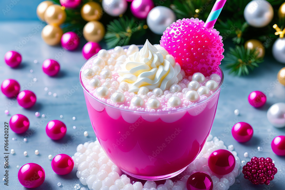 Festively decorated pink bubble tea with a generous topping of whipped cream and tapioca pearls. Festively decorated pink bubble tea with a generous topping of whipped cream and tapioca pearls.