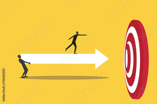 Businessman carry huge arrow to target wirh leeader on top. Business goals achievement vector concept. concept of Search for business target or goal, opportunity, mission to achieve, discover purpose