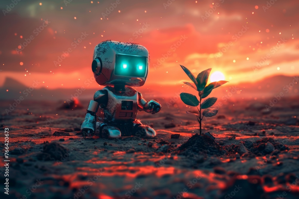 Tiny robot with glowing eyes sits beside a young plant on a desolate, reddish terrain, evoking contrast between life and aridness. Compact automaton with luminous blue optics crouches near a sapling - obrazy, fototapety, plakaty 