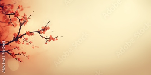 Background with a spring branch covered with flowers in a pastel shade. Copy space banner. Concept: template for promotions and discounts