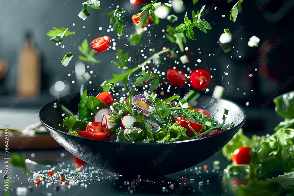 Delicious fresh garden salad in a black bowl, ingredients fly in the air and sit on the table, kitchen setting Delicious fresh garden salad in a black bowl, ingredients fly in the air and sit on the table, kitchen setting