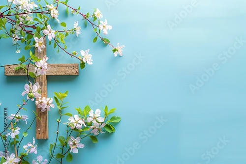 Religion background with a wooden cross and spring flowers against a blue background. Christianity Feast, Easter, Palm Sunday, Chrismnaing, or church wedding
