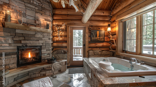 A cabin-style bathroom with log walls  a stone fireplace  and a deep soaking tub