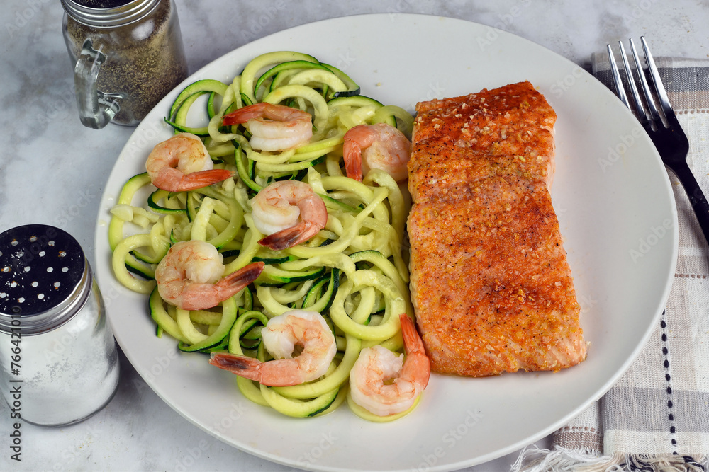 seasoned baked salmon  with zucchini noodles