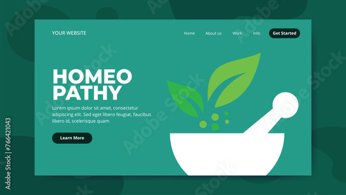 Homeopathic Medicine Landing Page Template. Homeopathic pills. Homeopathy banner, flex, and social media post. Logo majesty concept. 