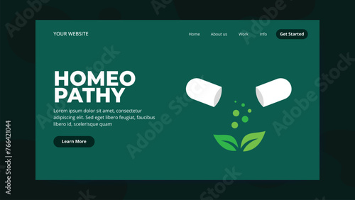 Homeopathic Medicine Landing Page Template. Homeopathic pills. Homeopathy banner, flex, and social media post. Logo majesty concept. 