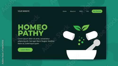 Homeopathic Medicine Landing Page Template. Homeopathic pills. Homeopathy banner, flex, and social media post. Logo majesty concept. 