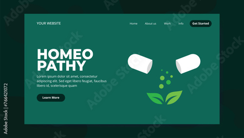 Homeopathic Medicine Landing Page Template. Homeopathic pills. Homeopathy banner, flex, and social media post. Logo majesty concept. 