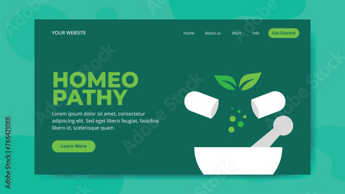 Homeopathic Medicine Landing Page Template. Homeopathic pills. Homeopathy banner, flex, and social media post. Logo majesty concept. 