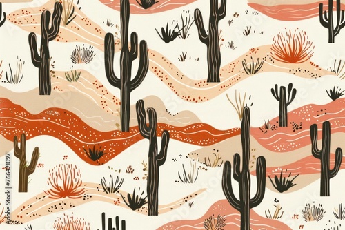 dry desert landscape illustration background with cactus and tumbleweed in warm earth tones as sandy beige, terracotta orange and rusty red. neat summer heat wild west concept design. 