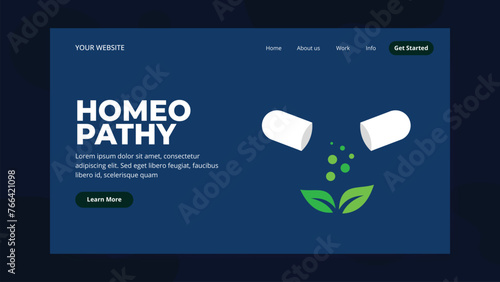 Homeopathic Medicine Landing Page Template. Homeopathic pills. Homeopathy banner, flex, and social media post. Logo majesty concept. 