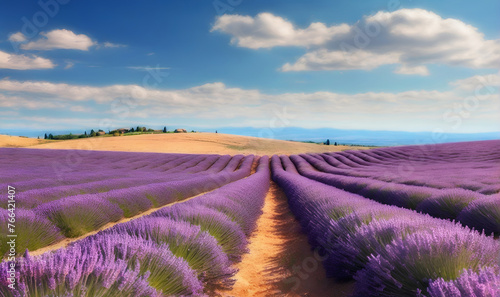 Hills of lavender blossom fields under sunny skies
