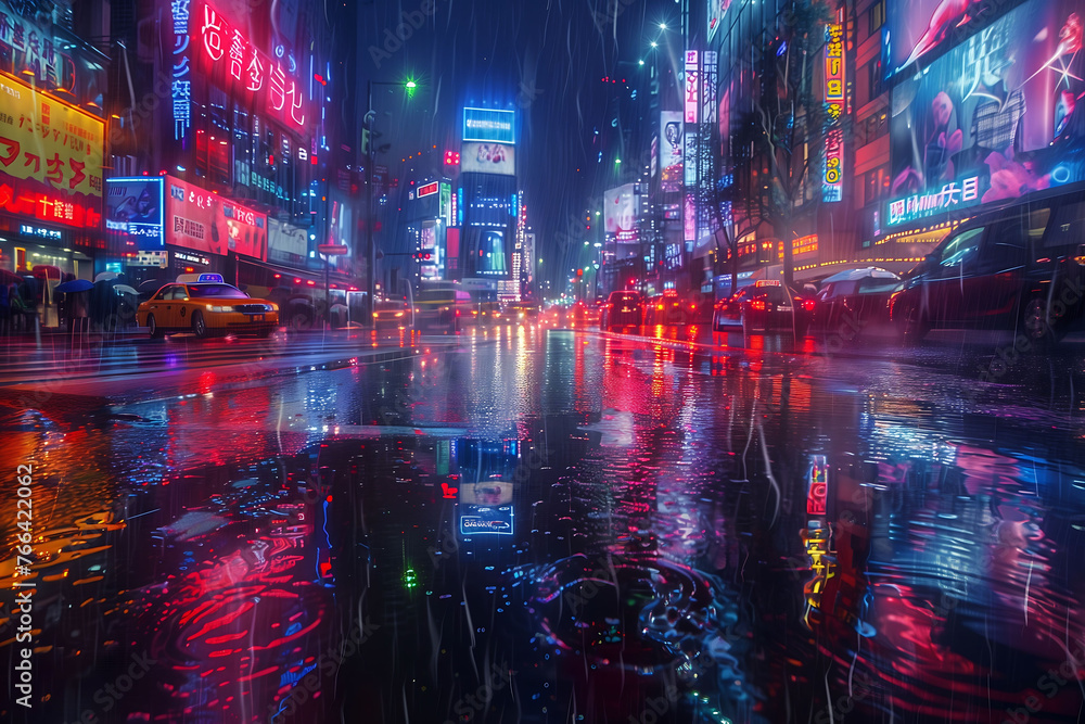 Rain-Drenched Streets: Neon Glow and Urban Flow