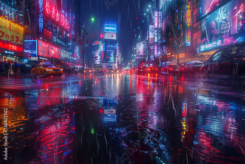 Rain-Drenched Streets  Neon Glow and Urban Flow