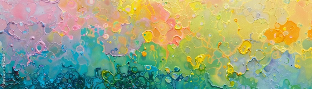 A vibrant, textured background with an abstract pattern of rainbow-colored bubbles blending into each other.