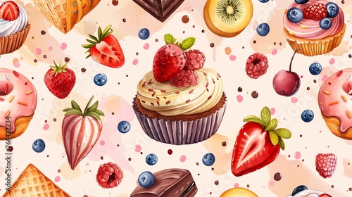 Watercolor Dessert Pattern. watercolor cupcake donuts  cake patterns for wallpapers  fabrics  textiles  and banners